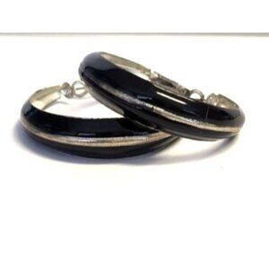 Vintage Black Enamel Hoops With Silver Stripe